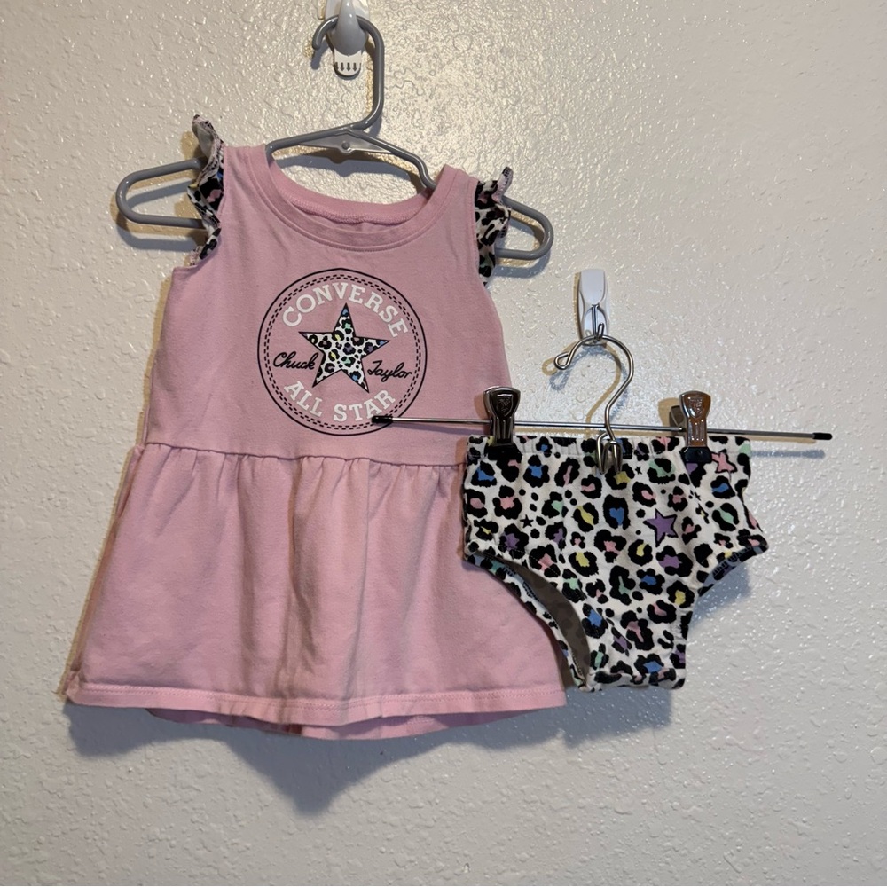 Converse Pink and Pastel Rainbow Leopard Print Dress with Bloomers Size 12 Month